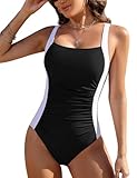 Vijamiy Damen Badeanzug Bauchweg Abnehmen Bademode Sexy Push Up Padded One Piece Swimsuit Colour-Blocking Große Größe Schwimmanzug Geeignet für Strandbäder(Schwarz,L)