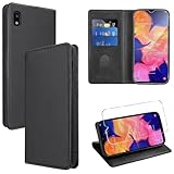 Vauki Hülle Leder für Samsung Galaxy A10 Handyhülle mit 1 Schutzfolie, Standfunktion Kartenfach Wallet Schutzhülle Flip Case Cover Stoßfeste Klapphülle für Samsung Galaxy A10 6.2',Schwarz