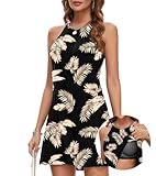 ANYFITTING Damen Sommerkleid mit Intergriertem BH Ärmelloses Sommerkleider Elegant Neckholder Kleider A Linie MiniKleid Schwarz Mit Goldenem Blatt M