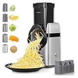 FOHERE Gemüseschneider elektrisch, 5 in 1Käsereibe, 80W Gemüsehobel, Gemüsehobel mit mehreren auswechselbaren Klingen und Aufbewahrungsbox, Reibe für Obst und Gemüse - Ganze Kartoffeln, Gurke, Nüsse