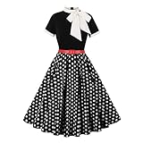 Odizli Rockabilly Kleider Damen 60er 50er Jahre Vintage Audrey Hepburn Kurzarm Krawatte Polka Dot Petticoat Swing Coctailkleid Hochzeit Festlich Knielang Sommerkleid Kurz Abendkleid Schwarz XL