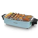 Tischgrill Elektrisch,Elektrogrill BBQ für 2– 4 Personen,Rauchfreier Elektrische Grill mit Abnehmbarer Fettauffangschale für Balkon Indoor Grill Party,1800W - Blau