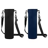 Dokeno Wasserflaschenhüllen, 2 PCS Flaschenhalter Tasche mit Verstellbar Schultergurt 8 × 25 cm Thermohalter Tasche Verbrühungssichere Hülle für Wandern Laufen Spazieren Trekking，Schwarz+Dunkelblau