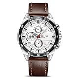 OFFCUP Herren Uhr Männer Analog Quarz Chronograph Braun Leder larmband, Armbanduhren Herren mit Datum, Uhren Mode Casual Business Uhr für Klassische Elegantes Geschenk -Weiß