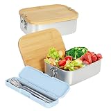 Jazlyvex Edelstahl Brotdose Lunchbox Erwachsene Bento Box mit 3 Fächern Brotdosen Brotzeitbox Vesperbox Essensbox für Erwachsene Kinder Schule Picknick mit Bambus Deckel Besteck