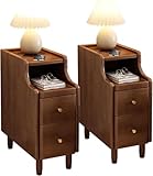 Schmale Nachtkommode, 2er-Set, hoher Nachttisch mit Schubladen, schmaler Beistelltisch für Schlafzimmer, Braun, hohe Nachttische, platzsparende Nachttische, 25 cm Größe