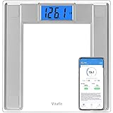 Vitafit 250kg Digitale Personenwaagen Waage mit Gewicht und BMI, Smarte Körperwaage mit Smartphone App Sync via Bluetooth, 8 mm Hartglas mit extra-breiter Plattform,Silber