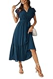 Awemeal Kleid Damen Sommer Elegant V-Ausschnitt Kurzarm Lang Sommerkleid Boho Blumenkleid mit Gürtel Rüschen Saum Wickelkleid Strandkleid A Linie Fließend Maxikleid （L, See Blau）