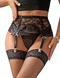 ohyeahlady Strapsgürtel Damen Sexy Breit Spitze Große Größen High Waist Strapsen Dessous Set Strapsen Halter Strumpfband Strumpfhalter mit Metallclip Garter Belt Hüfthalter Strumpfgürtel Schwarz,M-L