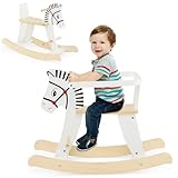 COSTWAY 2 in 1 Zebra Schaukelpferd, Schaukeltier aus Holz mit abnehmbaren Zäunen & Rückenlehne, Schaukelwippe Holzschaukelpferd für Baby ab 3 Jahren, Weiß