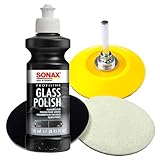 Glaspoliturset bestehend aus einer SONAX 250ml Glass Polish + 2 Stück Flexipads Ø75mm Glas-Polierpads + Craft-Equip 75mm Stützteller mit 6mm Spanndorn