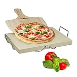 Relaxdays Pizzastein Set 3 cm Stärke mit Metallhalter und Pizzaschieber aus Holz HBT: 38x 30x 3cm rechteckiger Brotbackstein für Pizza und Flammkuchen mit Pizzaschaufel für Pizzaofen, natur