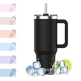 WATERSY 40oz Kaffeebecher to Go Thermobecher Doppelwandiger Edelstahl Vakuum Auslaufsicher Trinkbecher mit Griff und Strohhalm Thermal Tumbler Schwarz