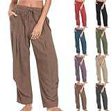akwuiopt Baumwollhose für Damen, Kordelzug, weites Bein, Baumwoll-Leinenhose, volle Länge, hohe Taille, einfarbig, Freizeithose, lockere Passform, Sommerhose mit Taschen für Yoga, Fitness, Laufen