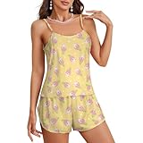 KASENFASHION Stray Kids Schlafanzug Damen – Lustiges Cartoon-Silk Pyjama Set mit Cami-Top und Shorts