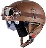 Retro Helm Motorradhelm Lederhelm Jethelme Vintage Mopedhelm Mit Brille ECE Zertifiziert Motorradkreuzer-Rollerhelm im Deutschen Stil (Braun (Farbe),M/57-58cm)