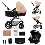 Kinderkraft MOOV2 Kinderwagen 3 in 1 Kinderwagenset bis 26 kg mit Kindersitz I-SIZE 40-75 cm, Buggy Funktion, Liegeposition verstellbar, Große ausziehbare Verdeck, Eva-Schaum-Räder, Beige