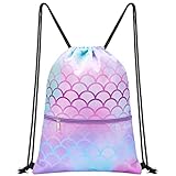 WAWSAM Meerjungfrau Turnbeutel - Sportbeutel für Mädchen Kinder Schwimmtasche für Strandschwimmen Schwimmbad Schule Stoffbeutel mit Reißverschlusstasche Wasserdichte Sporttasche
