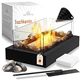 NEU! Tischkamin für Indoor/Outdoor- Jetzt 4-Fach-Verglast-NEUHEIT | wärmendes Tischfeuer mit Zubehör- Geschützte Flamme und Lange Brenndauer- |Harmonia