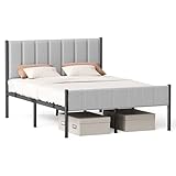 VASAGLE Doppelbettgestell, Bettgestell, 140 x 200 cm, mit gepolstertem Kopfteil, Bettrahmen, Stahl-Latten, trägt bis zu 500 kg, einfache Montage, Taubengrau RMB974G01