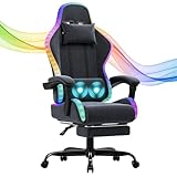 JUMMICO Gaming Stuhl Stoff mit LED, Bürostuhl Ergonomisch mit Massage-Lendenwirbel und Fußstütze, 90°-135° Gaming Sessel mit Kopfstütze und Massage-Lendenwirbelstütze, 150 kg, Lichtgrau