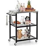 COSTWAY Grillwagen Outdoor, Grilltisch mit 3 Ablagen & 4 Rädern & Griff & 3 Haken, Pizzatisch Beistelltisch Servierwagen für Hinterhof, Garten, Terrasse (3 Ablagen)