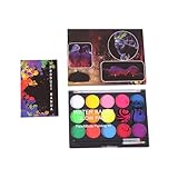 UV-Schwarzlicht-Gesichtsfarbe, 15 helle Farben Neon Fluoreszenz Körper Malerei Palette, Glow in The Dark Körperfarbe, Wasser aktiviert Eyeliner Make-up, waschbar Neon Fluoreszenz Gesicht Malerei Kit P