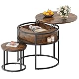 YITAHOME Couchtisch Rund, 2er Set, Wohnzimmertisch Vintage mit Stauraum und Hebeplatte, Couchtisch Höhenverstellbar für Wohnzimmer, 60x60x50cm,38x38x30cm
