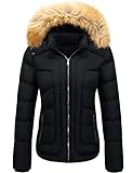 Szory Damen Wintermantel Steppjacke Warm Puffer Jacke mit Abnehmbarer Fellkapuze, schwarz, XX-Large