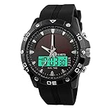 FeiWen Herren Outdoor Solar Digital Uhren Edelstahl Wählscheiben mit Kautschuk Band 50M Wasserdicht Analog Quarz LED Doppelte Zeit Multifunktional Sport Armbanduhren, Schwarz