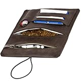 Tabaktasche aus Leder für 30g Tabakbeutel, Echtleder Dreher-Tasche inkl. Filterfach und Plättchen-Halter (Dunkelbraun)