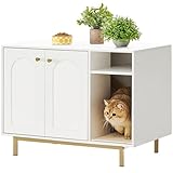 Hzuaneri Katzenschrank, Katzentoilette, Katzenklo Schrank, Katzenhaus mit Tür und separater Trennwand, 80 x 50 x 60 cm, Stabile Katzenschrank, Sitzbank, Weiß und Gold 01503GCLB