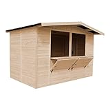 TIMBELA M150 Holz Gartenhaus, Marktbude Holz, Qualitäts Schiffslatten Kiefern Fichte Verkaufsstand Holzhaus mit Theke, Zwei Fenster, 200x300/6 m2, große multifunktionale Garten-Bar Verkaufshütte