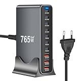 765W USB Ladegerät Mehrfach - 10 Ports Schnellladegerät mit 7 USB C + 3 USB A, Power Ladestation für mehrere geräte kompatibel mit MacBook, iPad, iPhone 16/15/14 Serie, Galaxy S22/ S20, Dell, HP