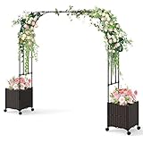 GOPLUS Rosenbogen mit Pflanzkästen, Gartenbogen mit Metallrahmen, selbstbewässernden Pflanzkästen mit Rollen, Torbogen Garten, Rosen Rankhilfe, Pergola mit Blumenkasten (288 x 40 x 202 cm)
