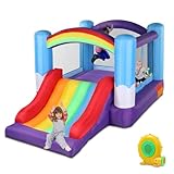 LALAHO Hüpfburg Kinder mit Gebläse, Aufblasbarer Wasserpark mit Regenbogen Thema, mit Trampolin, Rutsche, Drinnen oder Draußen, Geeignet für 3 Kinder im Alter von 3 bis 10 Jahren, 360x240x210cm