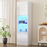 Merax Weiße Hochglanzvitrine mit LED-Beleuchtung, Bücherschrank mit 1 Glasboden, Vitrinenschrank Stehend Wohnzimmer, Hochschrank, Lagerschrank, Weiß, 45x35x160 cm