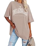 Tomwell Damen Los Angeles Brief T-Shirt Kurzarm Sport Sommer Rundhals Oversize Oberteile mit Buchstaben Druck Lose Bluse Vintage Tunika Lang für Teen Girls Top C Khaki L