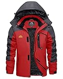 KEFITEVD Skijacke Herren Wasserdicht Atmungsaktiv Snowboardjacke Winter Warm Ski Jacke Herrenjacke Gefüttert Winterparka Snowboard Fleece Jacke mit Kapuze Rot 3XL