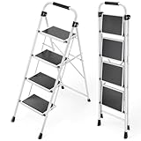 KINGRACK Stufen Leiter, Klappleiter mit Anti-Rutsch und breitem Pedal, Kleine Leiter mit Griff, Robuste Stahlleiter, leichte und tragbare Trittleiter (Weiß, 4 Stufen mit handläufen)