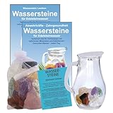 Wassersteine EDELSTEINWASSER Set 300g EDELSTEINE RUHE & ENTSPANNUNG zum WASSER energetisieren + 0,5L Glaskrug Karaffe. 5-tlg SET zur Wasseraufbereitung. Mit TÄSCHCHEN & ANLEITUNG. 90036-1