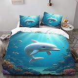 Delfin Bettwäsche 155x220 Kinder Unterwasserwelt Bettbezug 3D Weiche Mikrofaser 3 Teilig Bettwäsche-Sets mit Reißverschluss und 2 Kissenbezüge 80x80 cm A.1093