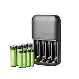 Amazon Basics wiederaufladbar NiMh Batterien, (4 AA & 4 AAA) mit Batterieladegerät für 4 Batterien, EU-Stecker, 8 Stück, Schwarz