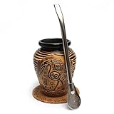 Mate Green Kalebasse Set - Keramik Mate Becher Aztek 300ml - Edelstahl Trinkhalm Bombilla 19cm - Korkpad - Handgemachte Keramik Tasse