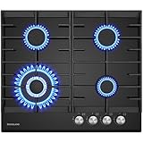 GASLAND GH604BF Glas Gaskochfeld, Gas Kochfeld mit Wok Brenner 4 Flammig, Gas Einbau Gaskochfeld, 60 cm Schwarz Glasherd, Butan Gas Kocher 8000 Watt, LPG/Erdgas