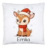 Kiddle-Design Kissen mit Namen personalisiert, Kuschelkissen Weihnachten Geschenk Junge & Mädchen mit Rentier, Nikolausgeschenk, Kinder mit Tier