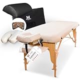 MASSUNDA – Mobile Comfort Deluxe Massageliege klappbar & höhenverstellbar – EXTRA breiter Massagetisch aus Vollholz – Massagebank mit ergonomischer Kopfstütze, Bezug, Armlehne, Kissen (Creme)