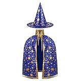 AYBUY Kinder Halloween Kostüm, Zauberer Kostüm Kinder, Wizard Cape Witch Umhang mit Hut, Kinderkostüm Hexenhut Faschingskostüm für Karneval Fasching Cosplay Junge Mädchen, Blau