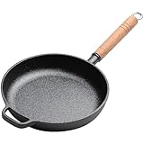 LIYGAOF Gusseisen Pfanne 27cm Bratpfanne Grillpfanne: Ohne Beschichtung Induktion Pfanne Griff aus Massivholz Lange Lebensdauer Für Alle Herdarten Geeignet (27cm)