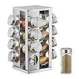 Relaxdays Gewürzkarussell mit 16 Gewürzdosen, 360° drehbar, durchsichtige Gewürzgläser zum Streuen, Edelstahl, Silber, Kunststoff, 27.5 x 19.5 x 19.5 cm